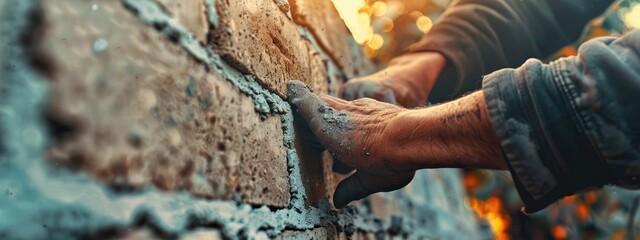 Bricklayer industrial worker installing brick masonry