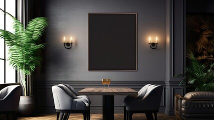 Dining Space With Black Classic Decorative wall, hanging photo frame mock up on wall.
