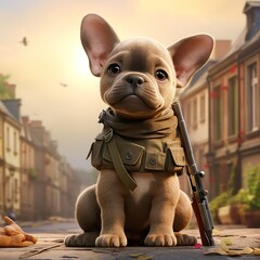 Cute French puppy wearing military jacket with gun