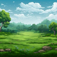 Real world environment game background, landscape with a green grass trees digital art.