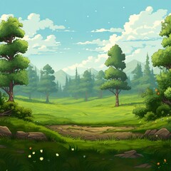 Real world environment game background, Pixel scene with Nature green grass forest.