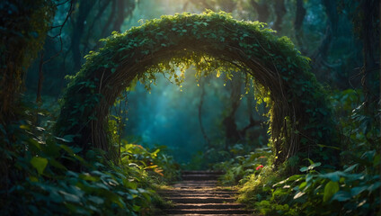 Step into the Unknown, A Spectacular Fantasy Scene Unfolds with a Portal Archway Entwined in Lush...