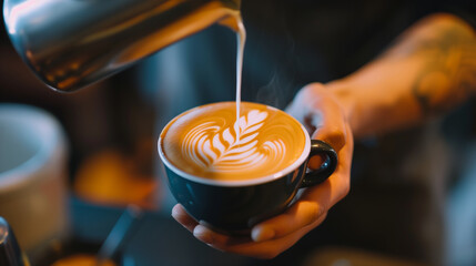 Barista Pouring Milk to Create Latte Art in Coffee Cup