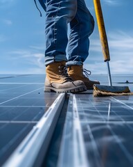 a man cleaning a solar panel with a broom on a roof