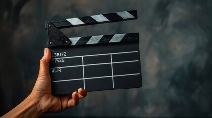 A hand is holding black clapper board or movie slate and director chair on black background. It has written in number. 