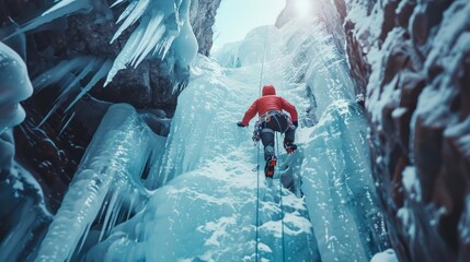 A Climber Embarks on an Epic Journey, Scaling the Sheer Face of a Frozen Waterfall, Navigating Nature's Icy Terrain with Skill and Tenacity
