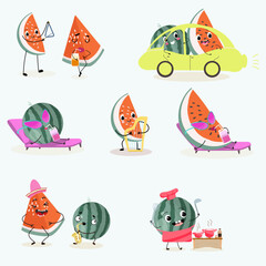 Cute watermelon characters set, collection. Flat vector illustration. Activities, playing musical instruments, sports, funny fruits.