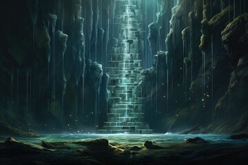 Obraz premium Ethereal Waterfall Countdown: A waterfall with liquid time flowing down, marking the countdown to a dimensional shift.