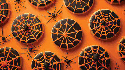 Halloween spiderweb cookies with spiders on orange background