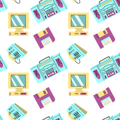 90s retro element seamless pattern, retro style, game and music items. Can use for stickers, banner, greeting card. wallpaper, textile, music background.