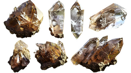 Rutilated Quartz Gemstones: Vibrant, Shiny Crystals with Golden Needles, Isolated on Transparent Background for Elegant Jewelry Creations