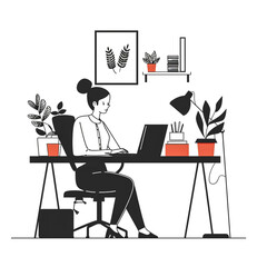 illustration young woman working with graphics on computer in office.
