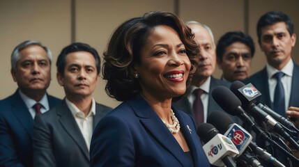 Afro American woman politician at press conference talking into microphones of mass media. Woman leader, political campaign and briefing concept