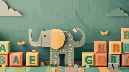 Handmade cardboard elephant and wooden cubes with let