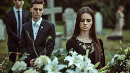 Solemn Mourning at Cemetery, Grief and Remembrance Captured on Camera. Sad Funeral Scene with Floral Tributes. Emotional Elegance at a Grave. Contemplative and Respectful Atmosphere. AI