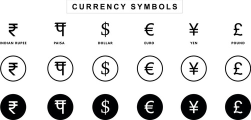International currency symbol set of icons. Money kind icons. Currency symbols. Rupee, Paisa Euro, dollar, Pound, Yen, Yuan. Vector graphic in circle communication signs and stroke shape buttons