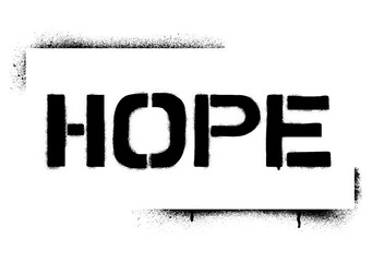 Spray graffiti motivational stencil word HOPE over white.