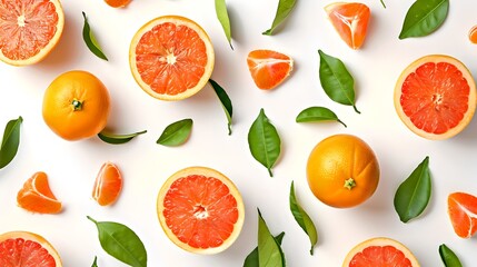 Bright Citrus Fruits on White, Fresh Oranges and Grapefruits with Leaves. Ideal for Summer Refreshments and Healthy Lifestyle. Vivid Colors, Top View. AI