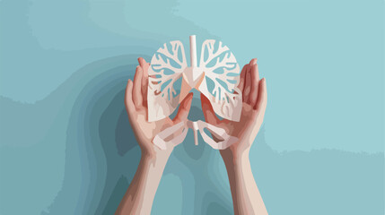 Hands of woman and child with paper lungs on blue background