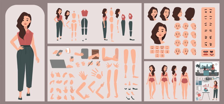 Business woman avatar creation suitable for animation. Generator, constructor of diverse views of eyes, lips, emotion expressions mouth animation and lip sync. Girl character face and body move.	