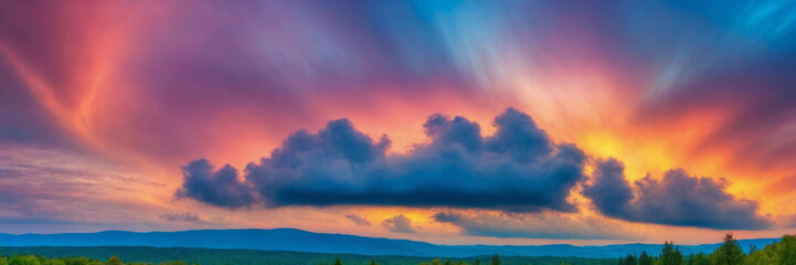 Panoramic sunset view, dramatic colorful sky