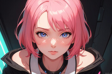 Close up of beautiful anime girl that has blue and pink hair. Synthwave woman neon colours pink blue.