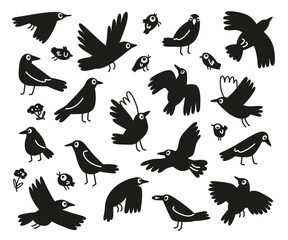 Vector black crows. Birds collection