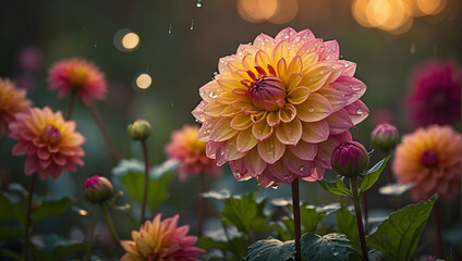 Sunset Garden Splendor, Vibrant Dahlia Mix Blooms Adorned with Raindrops Against a Rustic Sunset Backdrop.