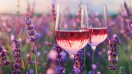 glasses with pink wine on lavender background