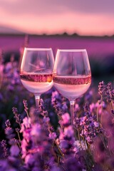 glasses with pink wine on lavender background