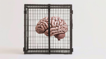 Caged Mind: Human Brain Confined Against White Background. Generative AI