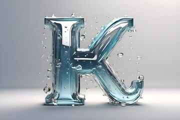 The letter K 3D, made of beautiful and sparkling glass, water drops run down on it, a smooth white...