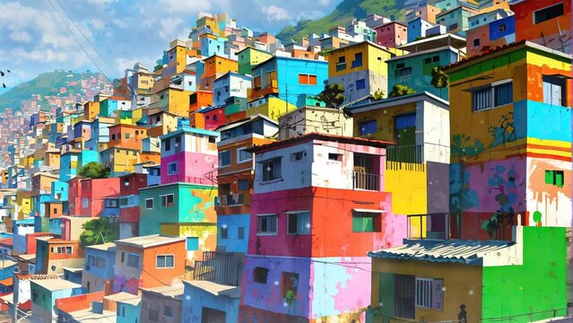 Explore the old favela neighborhoods of South America through this 4k looping video, showcasing vibrant, colorful houses where the less privileged reside