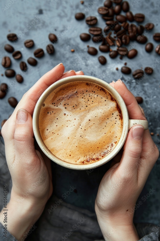 Wall mural hands hold a cup of coffee top view