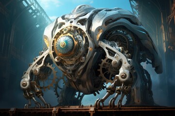 Gargantuan Clockwork Beast Countdown: A colossal clockwork creature with gears turning and ticking down to its awakening.
