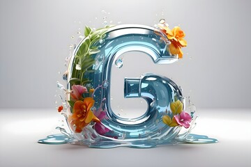 The letter G 3D, made of beautiful and sparkling glass, water drops run down on it, orange flowers above the letter, a smooth white background.