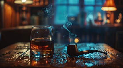 A glass of whiskey and a pipe stand on an old brown wooden table and table across the window. A slightly dim light enters the environment from the window and illuminates the table.