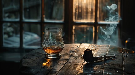 A glass of whiskey and a pipe stand on an old brown wooden table and table across the window. A...