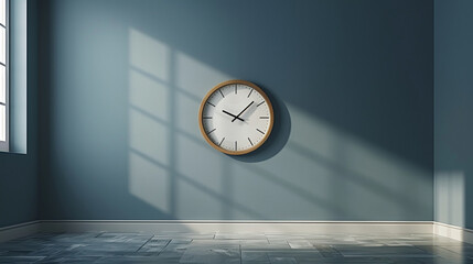 Minimalist slate gray wall with a sleek wooden clock hanging on it,