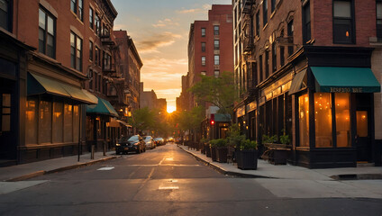 Sunset Serenity, Capture the Tranquil Beauty of an Empty Street in SoHo District, New York, as the...