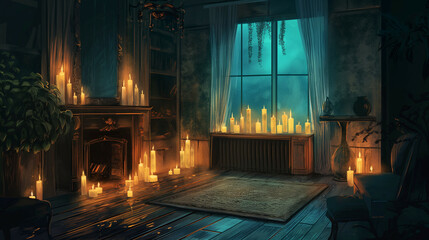 A scene where many candles are lit in a room with large windows