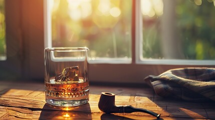 A glass of whiskey and a pipe stand on an old brown wooden table and table across the window. A slightly dim light enters the environment from the window and illuminates the table.