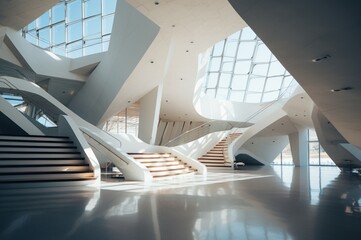 Fototapeta premium Revolutionary Futuristic building inside floor clean. White scene ground square with surface. Generate Ai