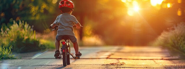 a little boy rides a bicycle