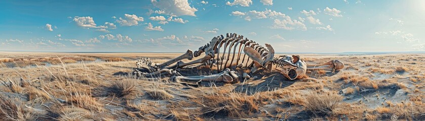 A stark image of various animal bones scattered across a fading grassland, indicating ecosystem...
