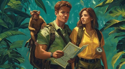 A man and woman are looking at a map in a jungle. A monkey is on the man's back. Jungle adventure couple cartoon illustration. Generative ai illustration.