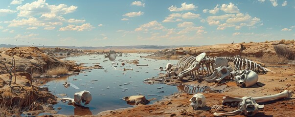 A chilling tableau of scattered animal skeletons near a shrinking waterhole, portraying the harsh...