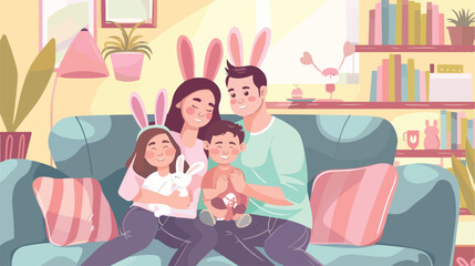 Happy family in bunny ears at home on Easter Day Vector