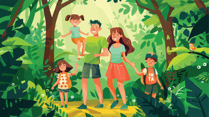 Happy family in forest on summer day Vector style Vector
