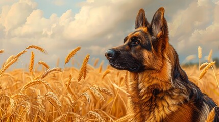 German shepherd in front of wheat field and flowers. Portrait of a German shepherd. Smart illustration.